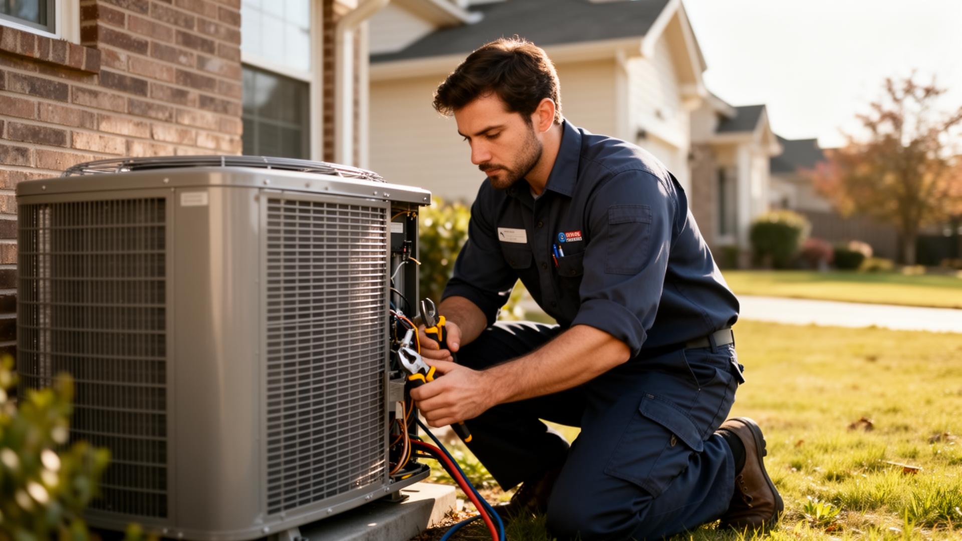 Professional HVAC technician servicing AC unit